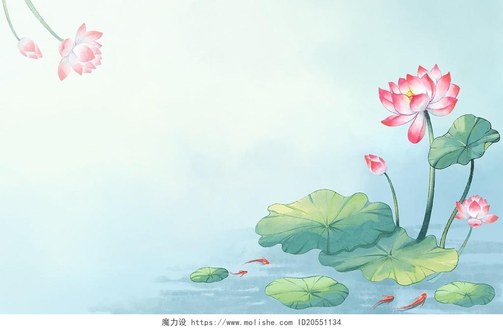 水彩荷花背景手绘唯美植物插画素材花朵花卉立夏至夏天水墨荷花背景